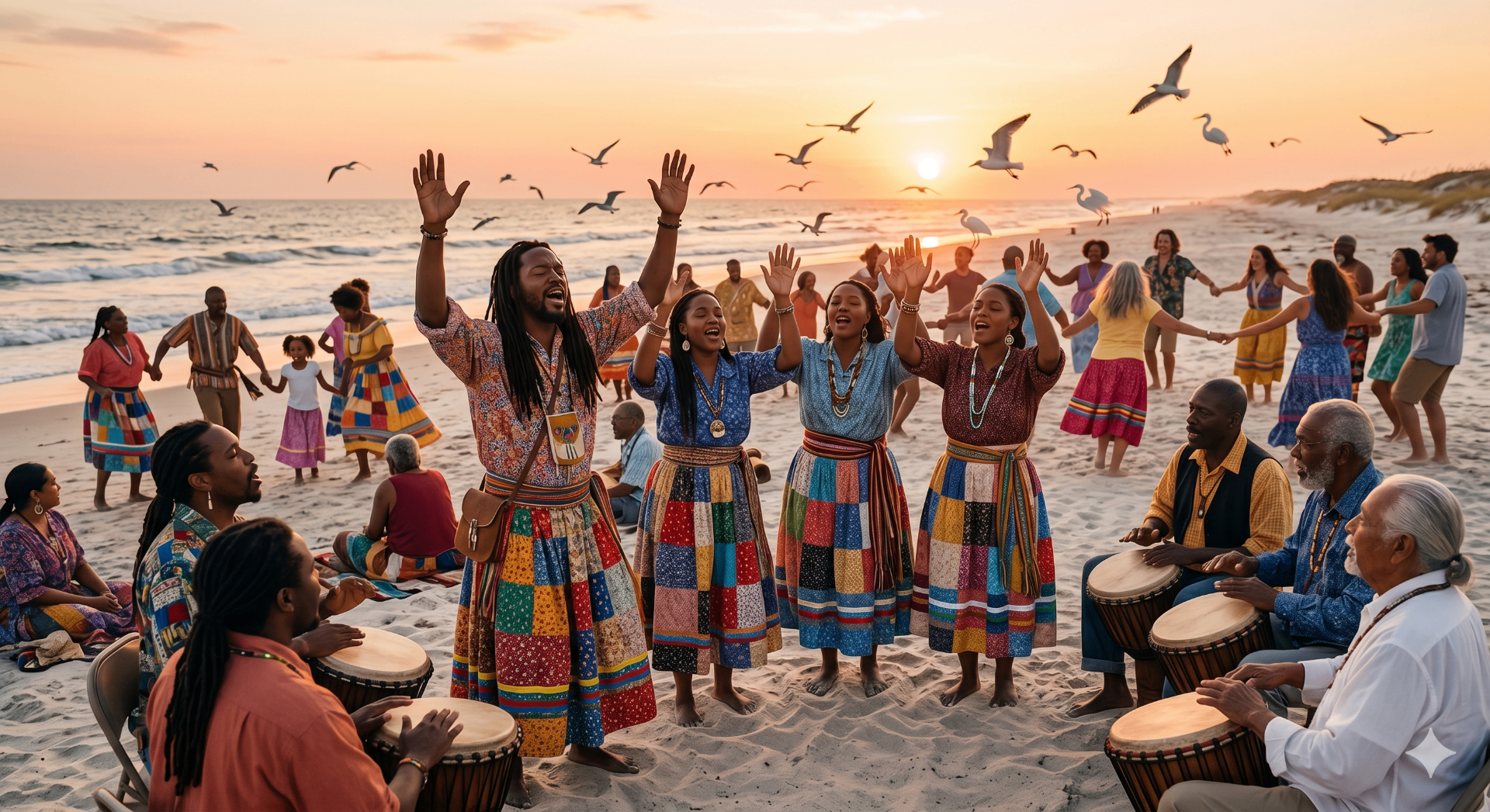 Community gathered on the beach at sunset, dancing and drumming together