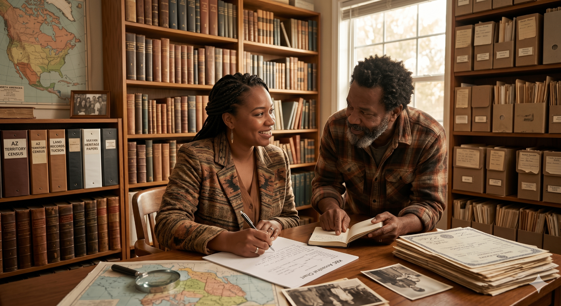 Elder genealogist writing ancestral histories at a desk surrounded by archival books