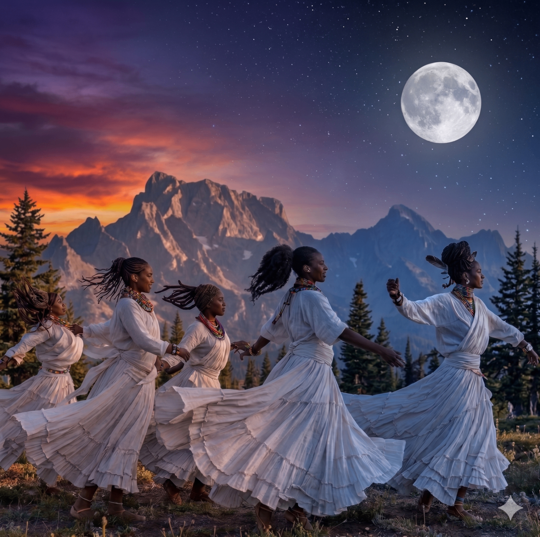 Women dancing in unity beneath a full moon over mountains