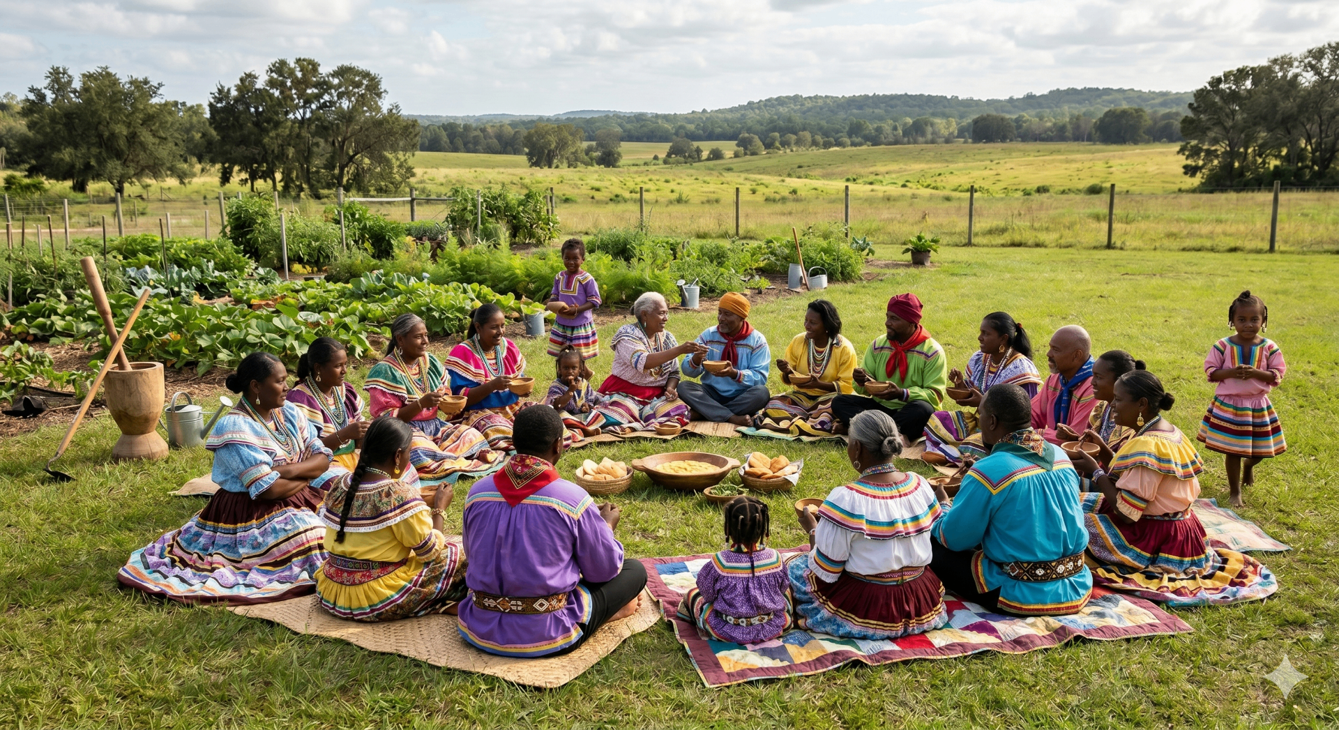 Community gathered in a circle sharing a meal outdoors