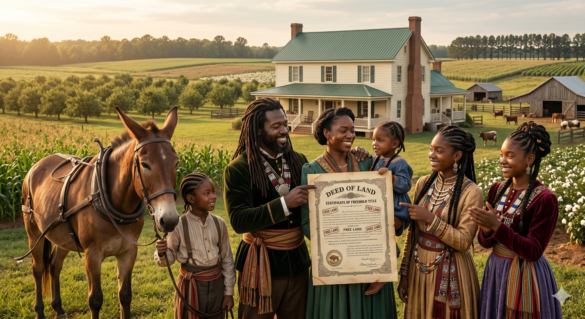 Family holding a deed of land certificate with a mule, homestead, and fields in the background