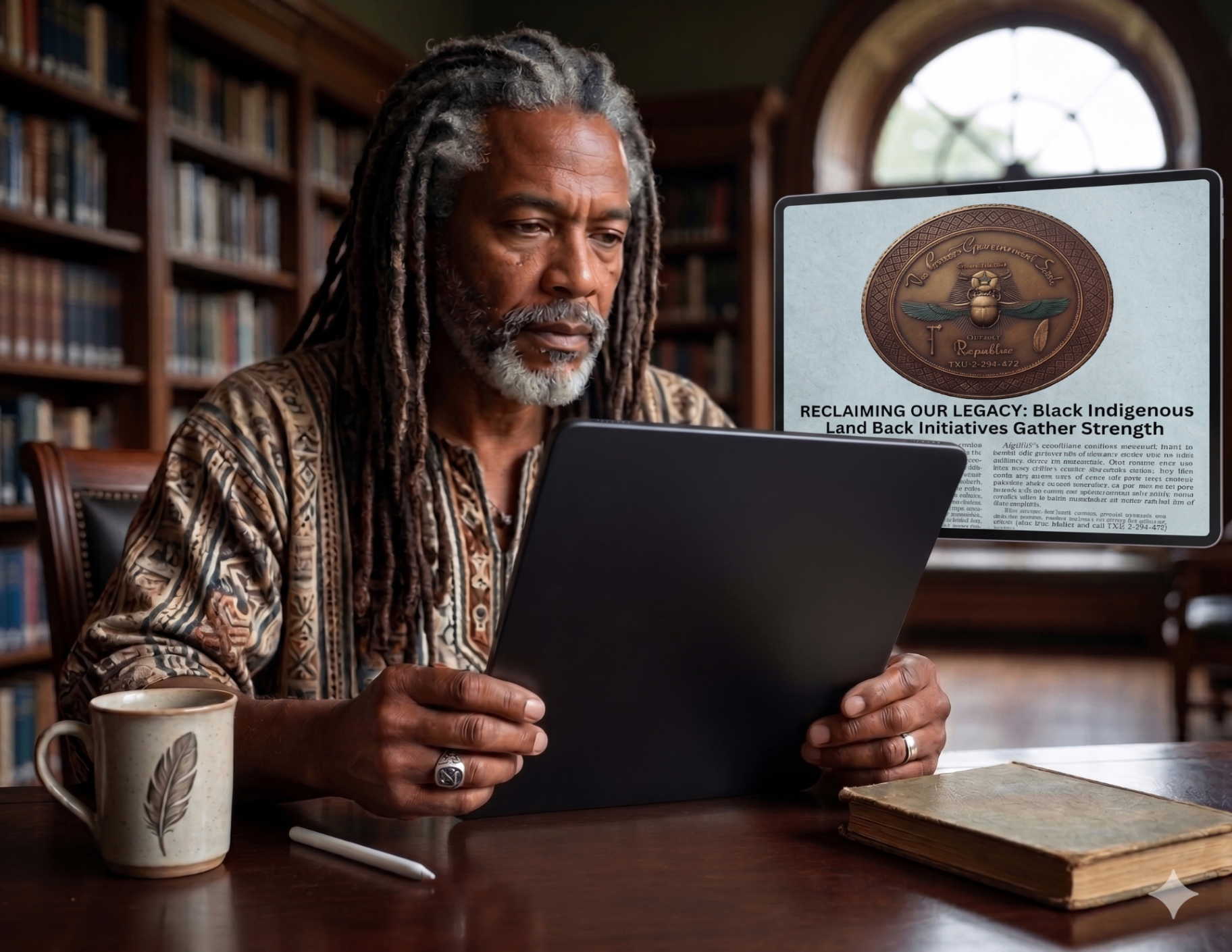 Elder reading TOOR news on a tablet in a library