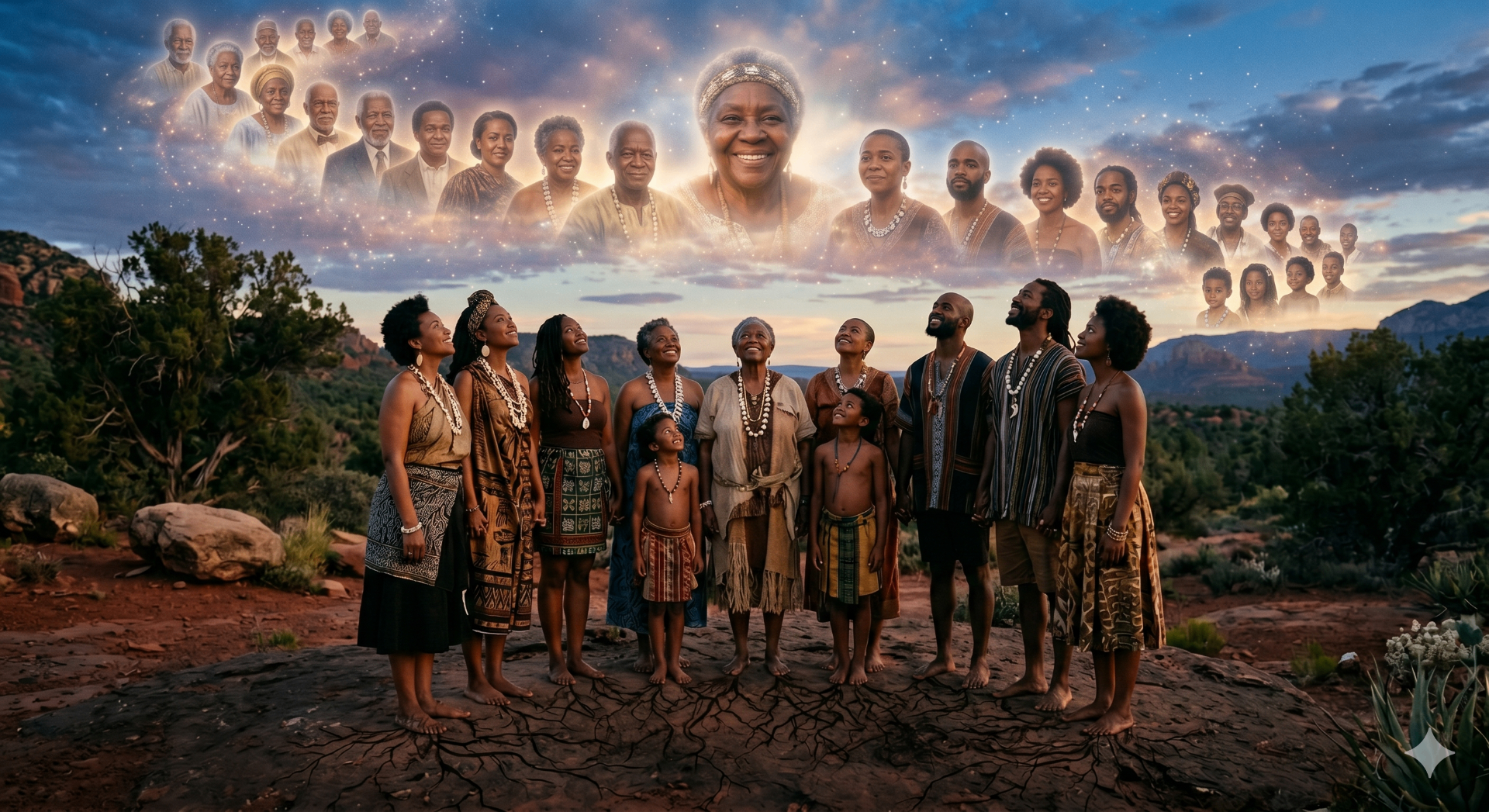 Generations of family standing together with ancestors honored in the sky
