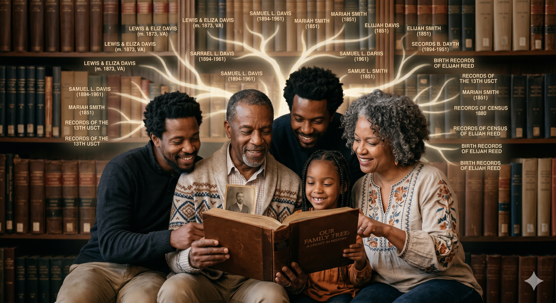 A family reading 'Our Family Tree' together with ancestral records illustrated behind them