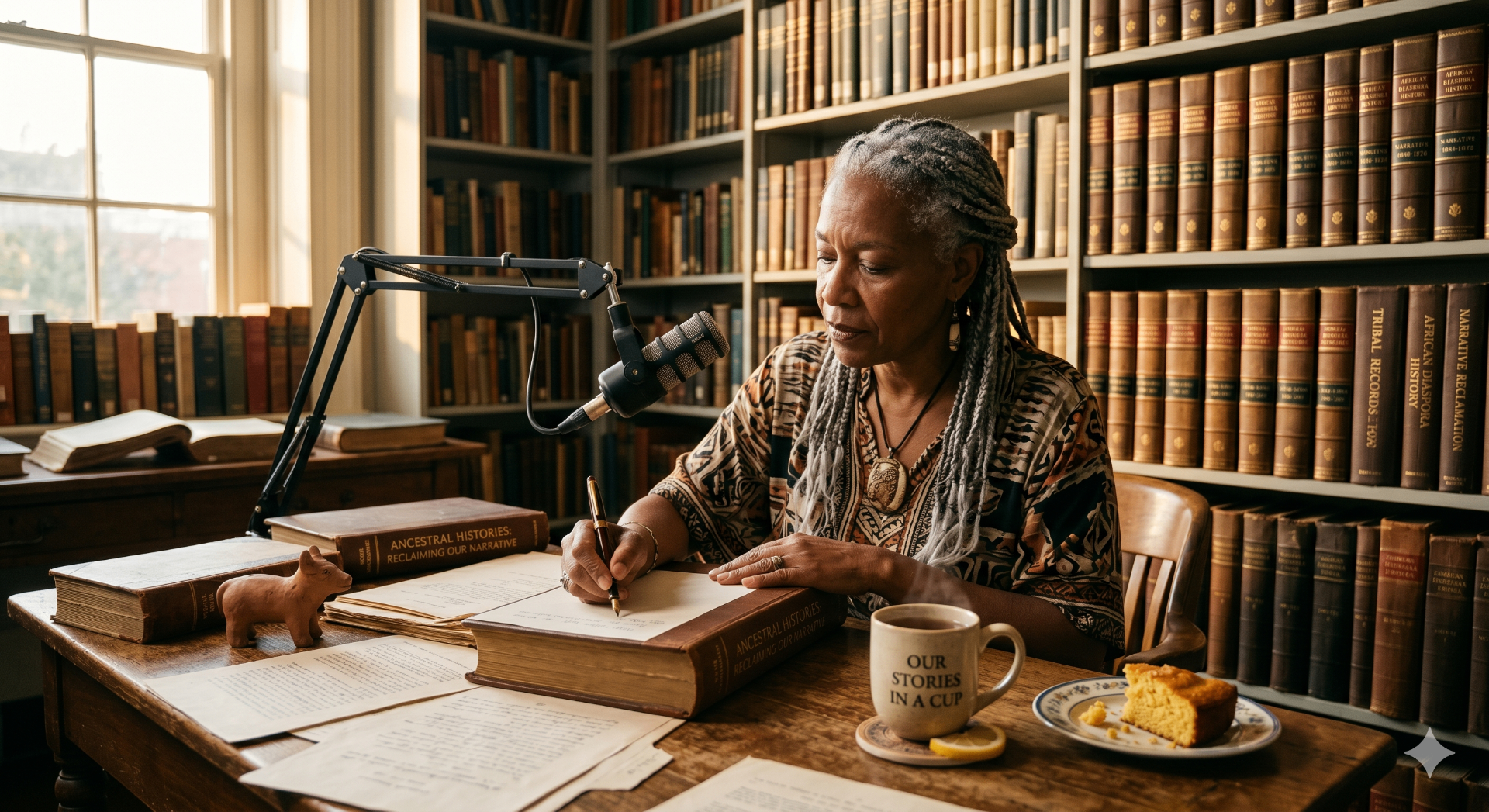 Historic archive room with leather-bound genealogy records